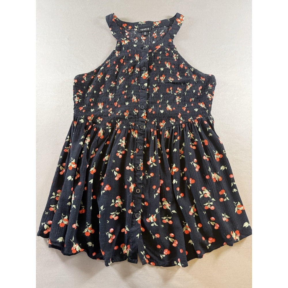 Torrid Cherries Gauze Smocked Halter Babydoll Top Black Red Rockabilly Retro 00